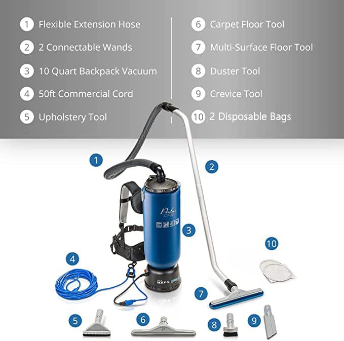 Blue Prolux 10 Quart Commercial Backpack Vacuum with 5 year warranty