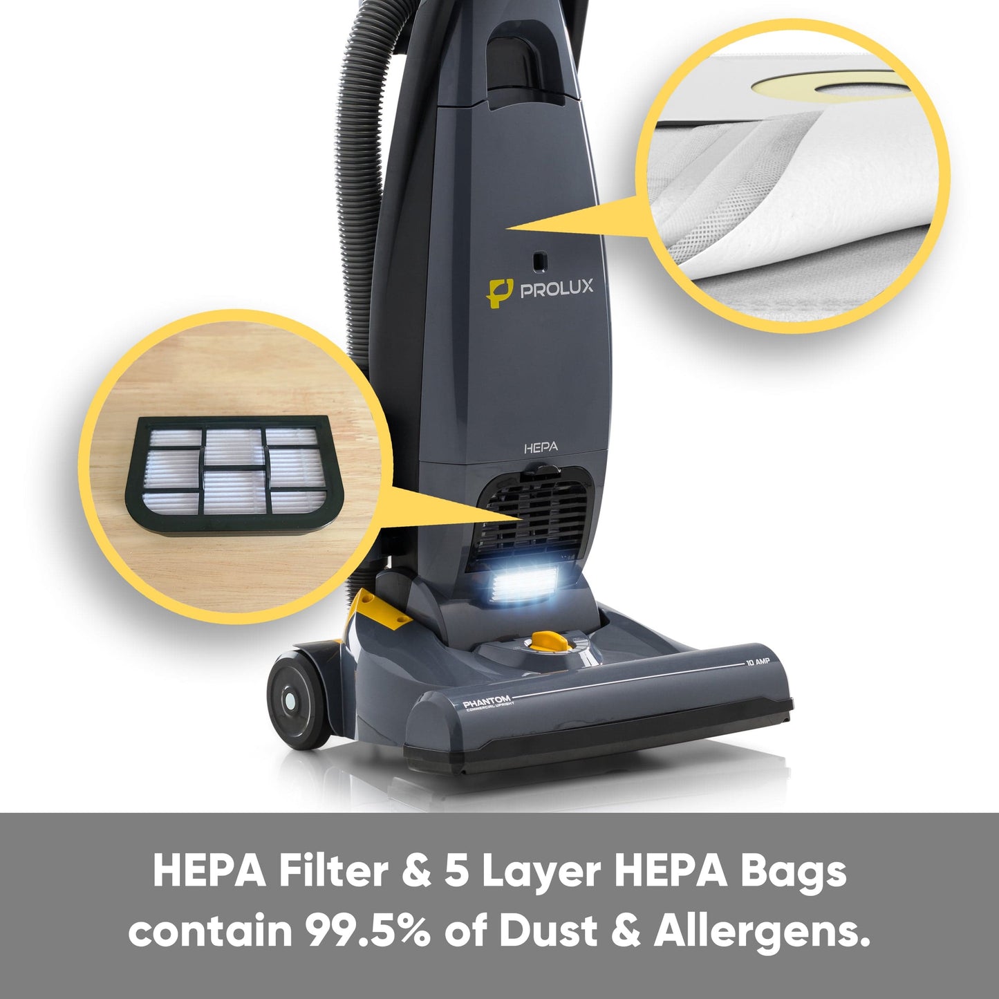 Prolux Phantom Commercial Bagged Upright Sealed HEPA Pet Vacuum for Professional Cleaners