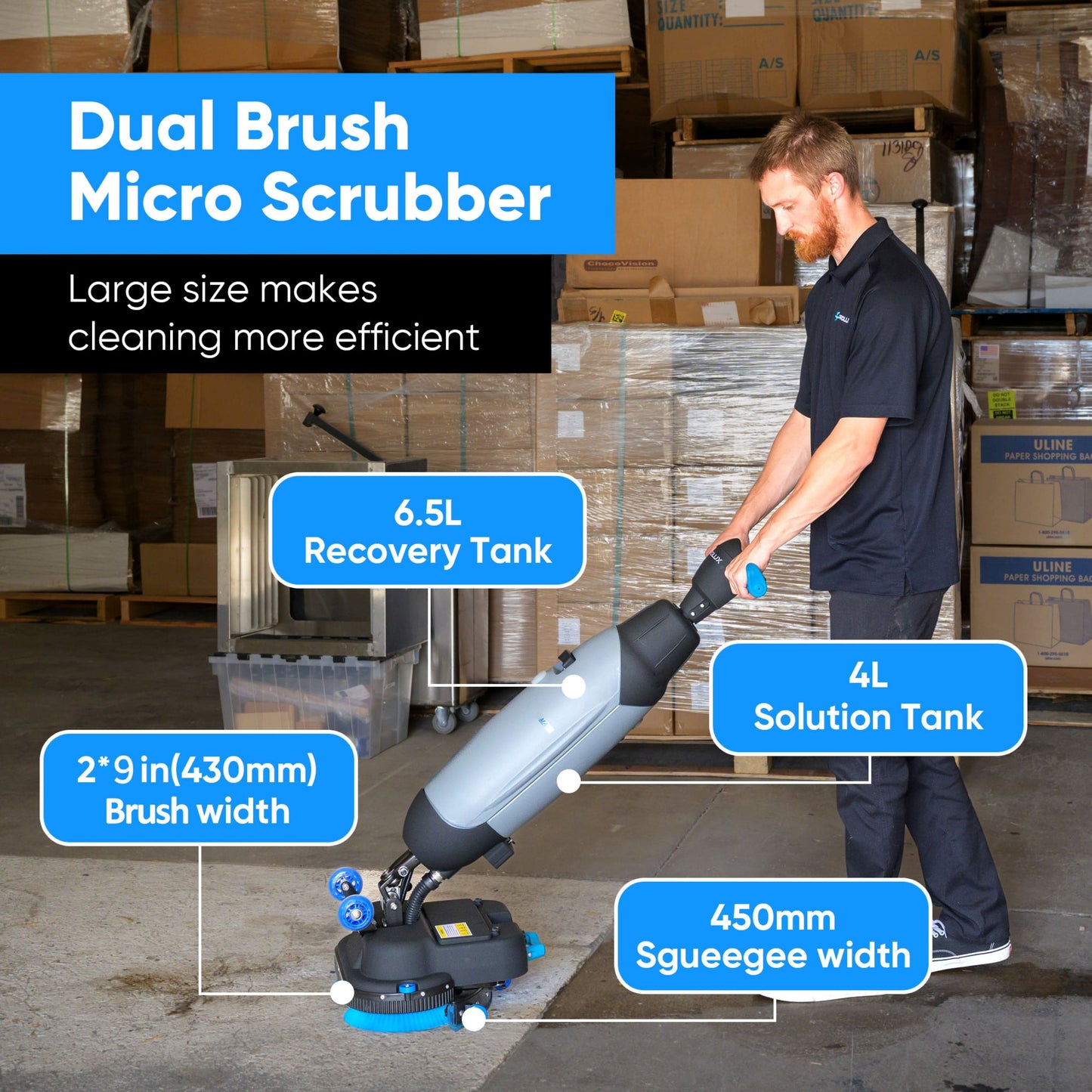 Prolux PLCC430BN Cordless Commercial Micro Dual Brush Floor Cleaner, Scrubber and Buffer