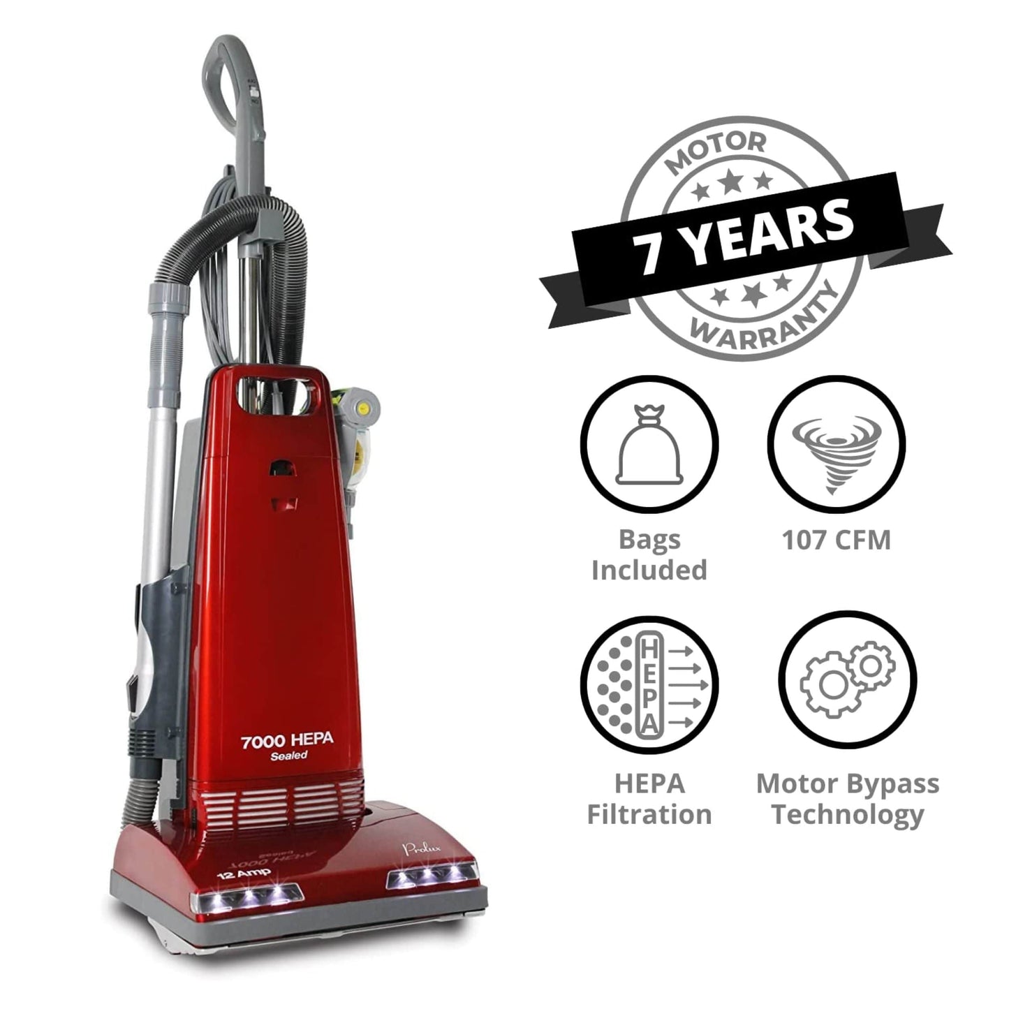 Prolux 7000 Upright Sealed HEPA Vacuum with on board tools and 7 Year Warranty
