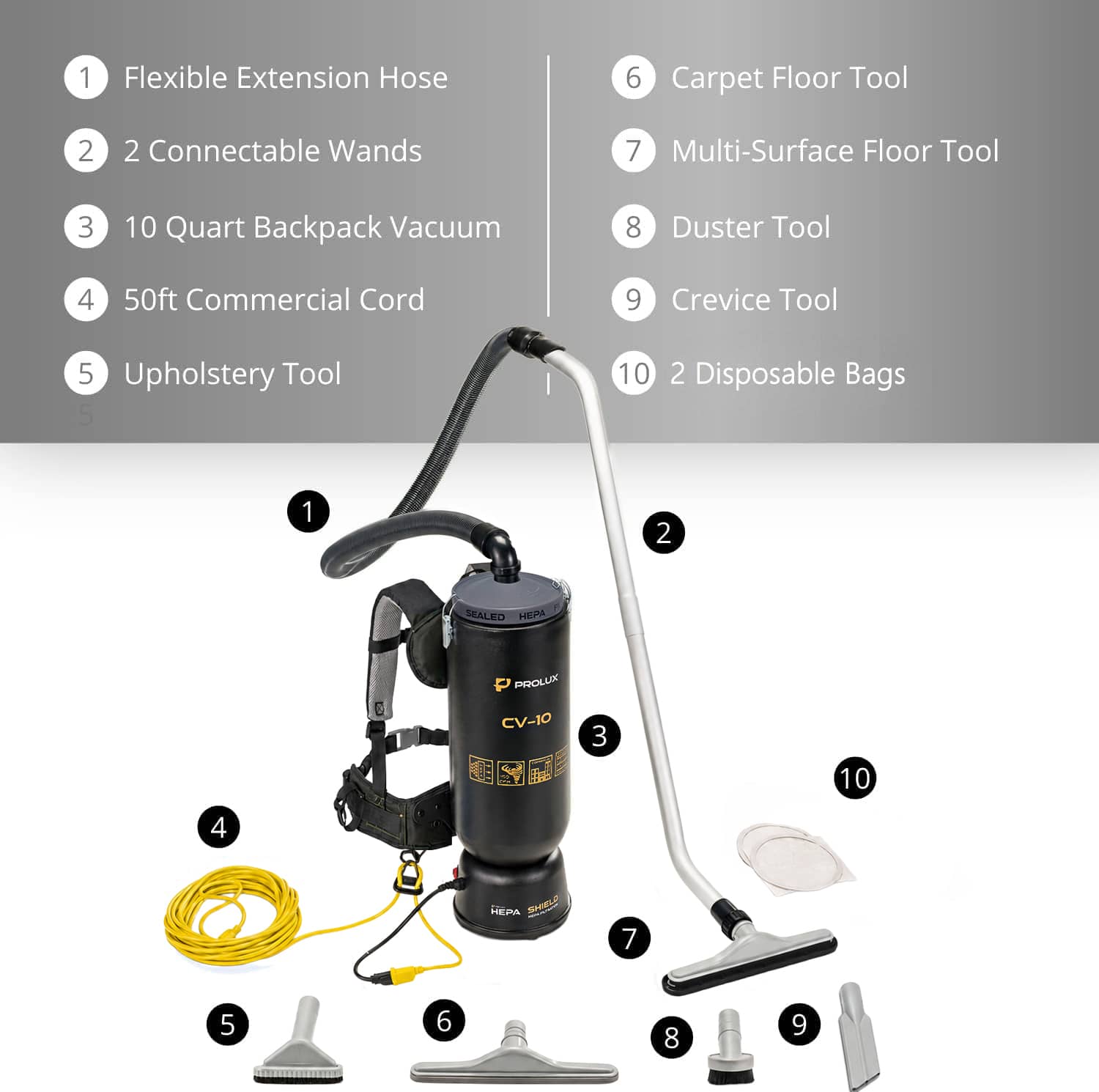 Powerful Lightweight Prolux PLC10 10qt Backpack Vacuum w/ 1 1/2