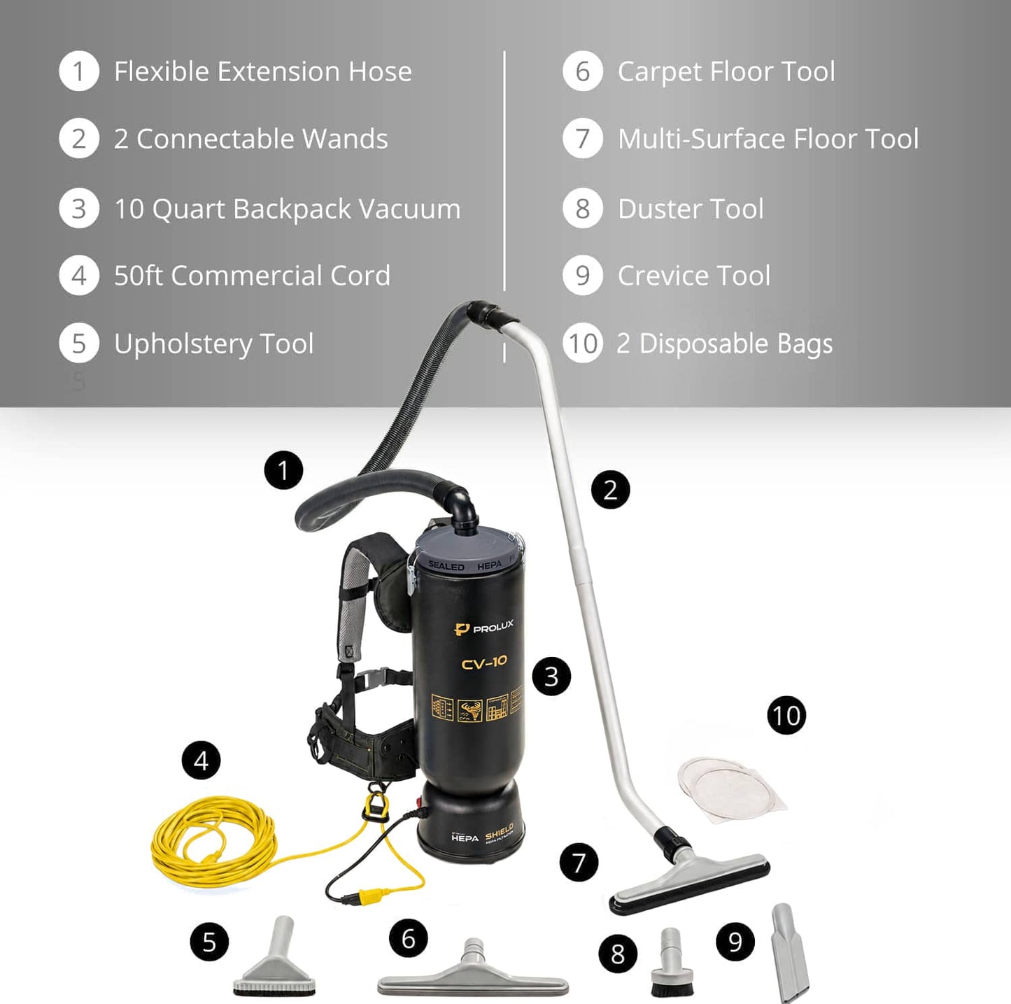 Powerful Lightweight Prolux PLC10 10qt Backpack Vacuum w/ 1 1/2" Tool Kit and 5 YR Warranty