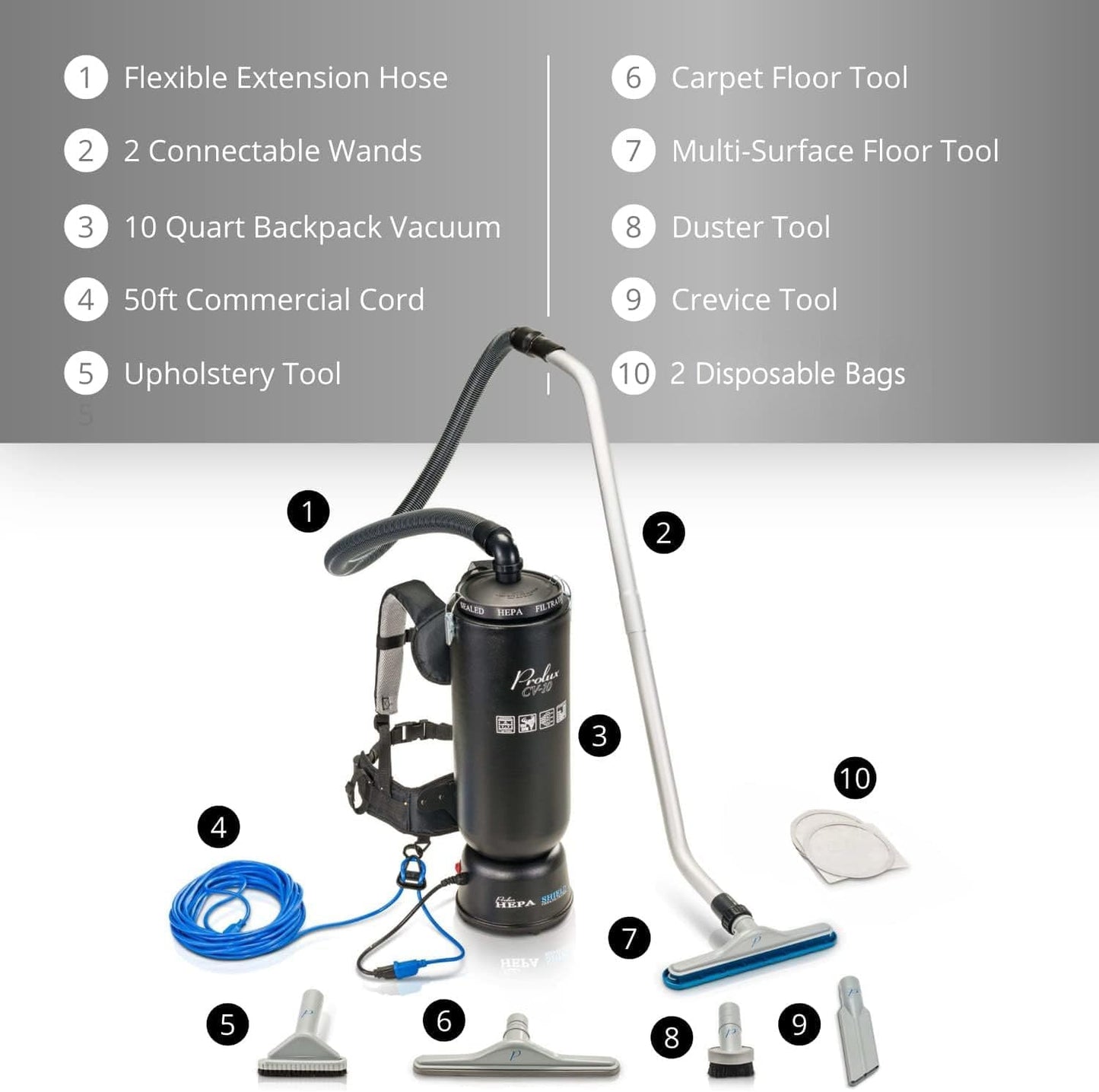 Powerful Lightweight Prolux PLC10 10qt Backpack Vacuum w/ 1 1/2" Tool Kit and 5 YR Warranty