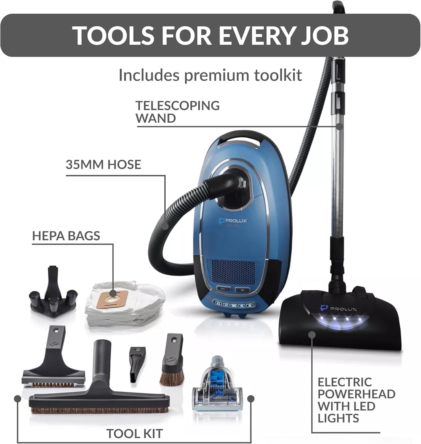 Prolux QX90 Bagged Canister Best Rated HEPA Vacuum with Powerhead for Home