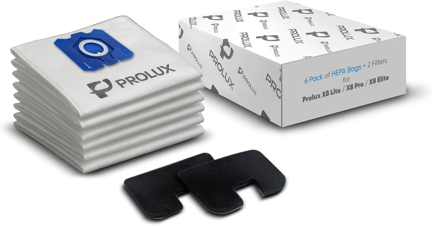 6pk of Bags and 2 Exhaust Filters for the Prolux PLCX8 Backpack Vacuum