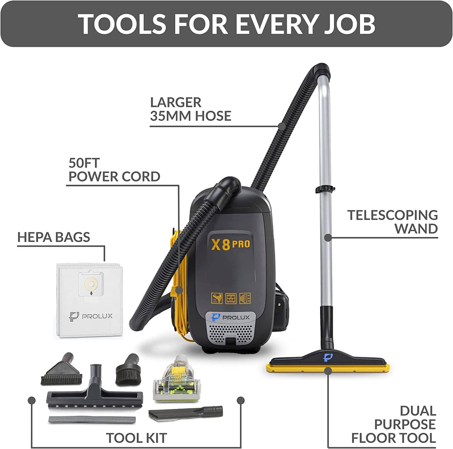 Prolux X8 Pro Commercial Backpack Vacuum w/ Deluxe 1 1/2 Prolux X8 Pro Commercial Backpack Vacuum w/ Deluxe 1 1/2
