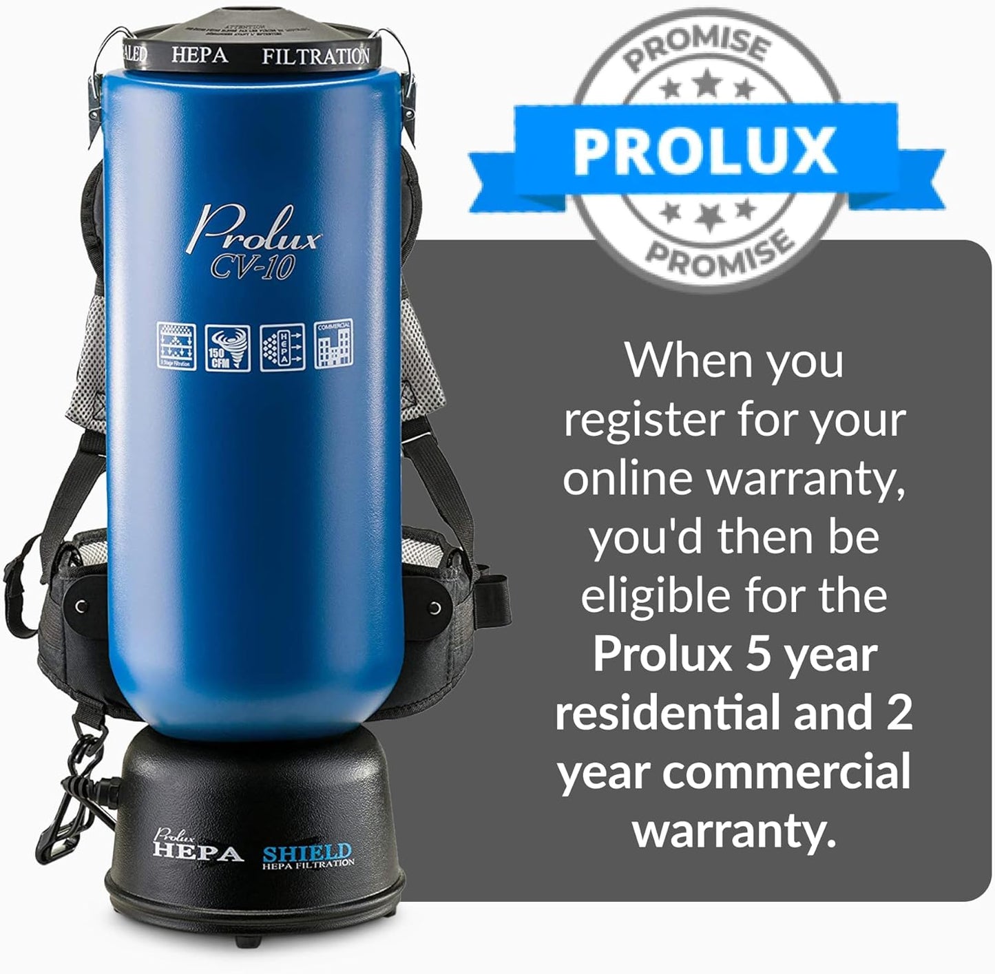 Blue Prolux 10 Quart Commercial Backpack Vacuum with 5 year warranty