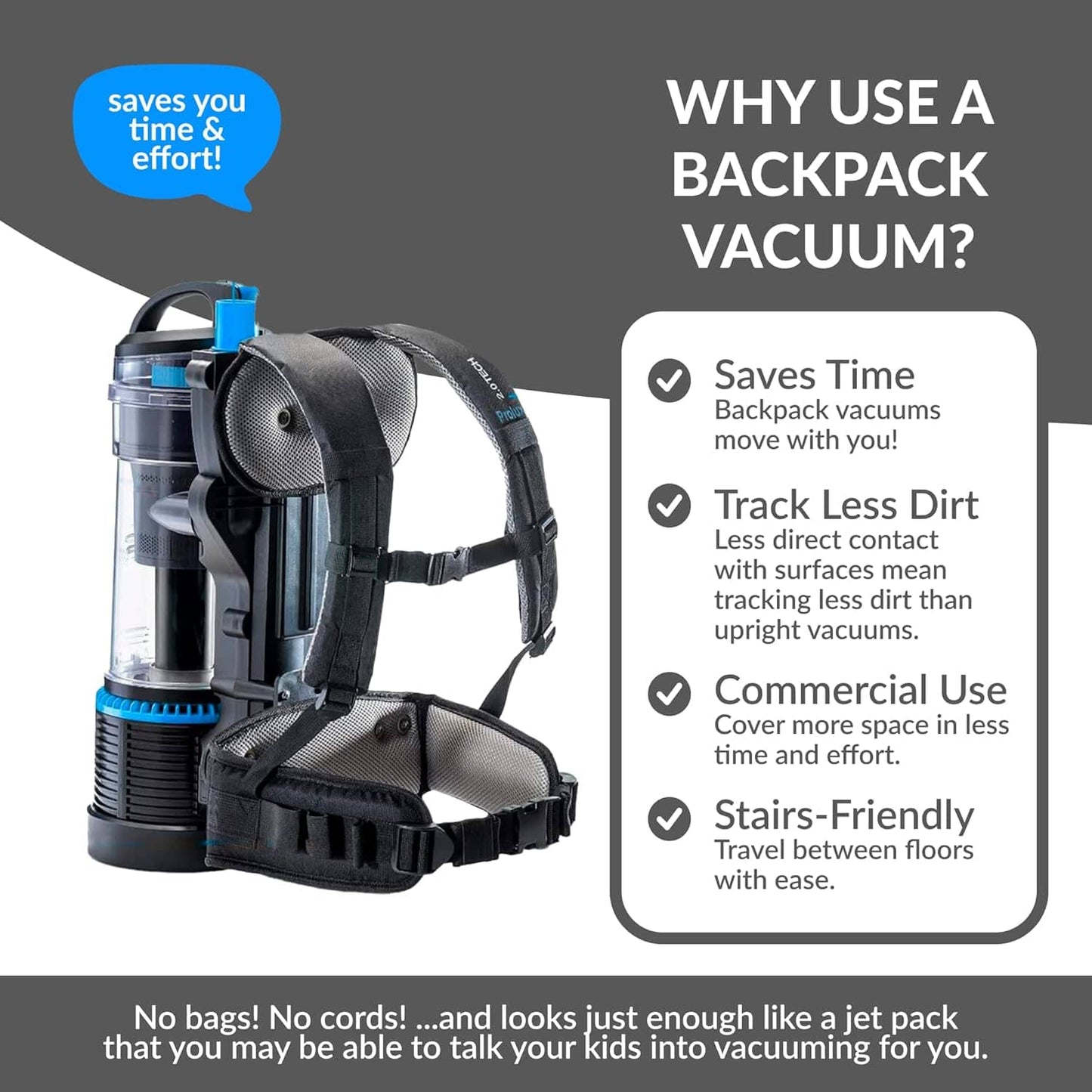 Prolux 2.0 Cordless Bagless Upright Backpack Vacuum with 1 hour Lithium Ion Battery