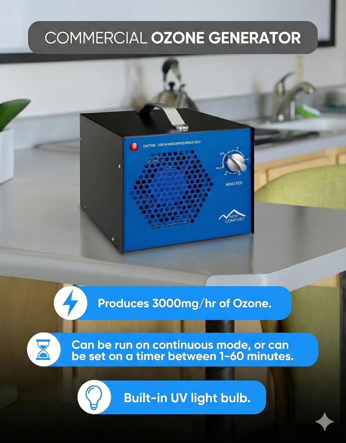 New Comfort Large Odor Eliminating Blue Commercial Ozone Generator