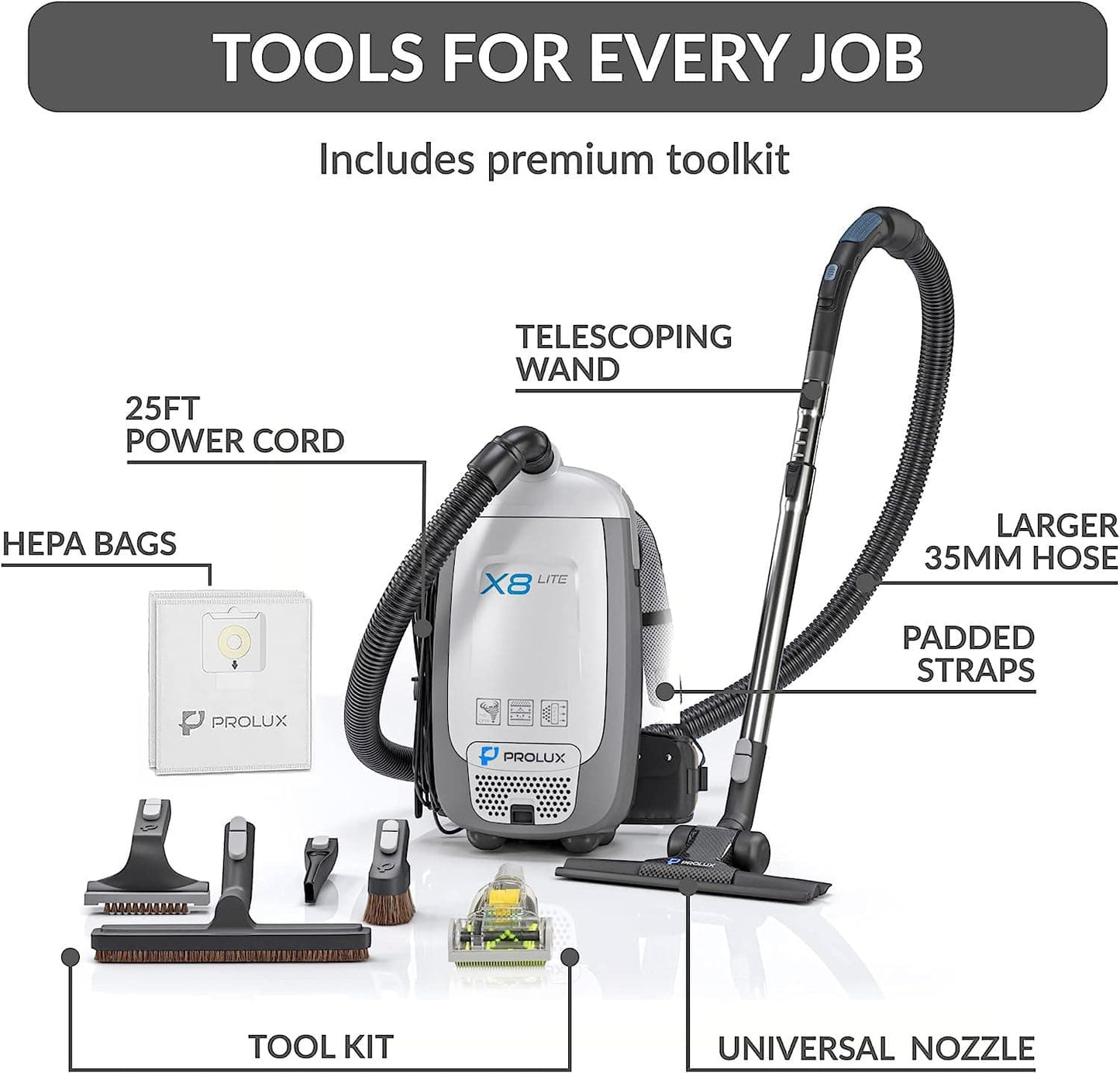 Prolux X8 Lite Backpack Vacuum w/ Premium Tool Kit for Light Commercial Use