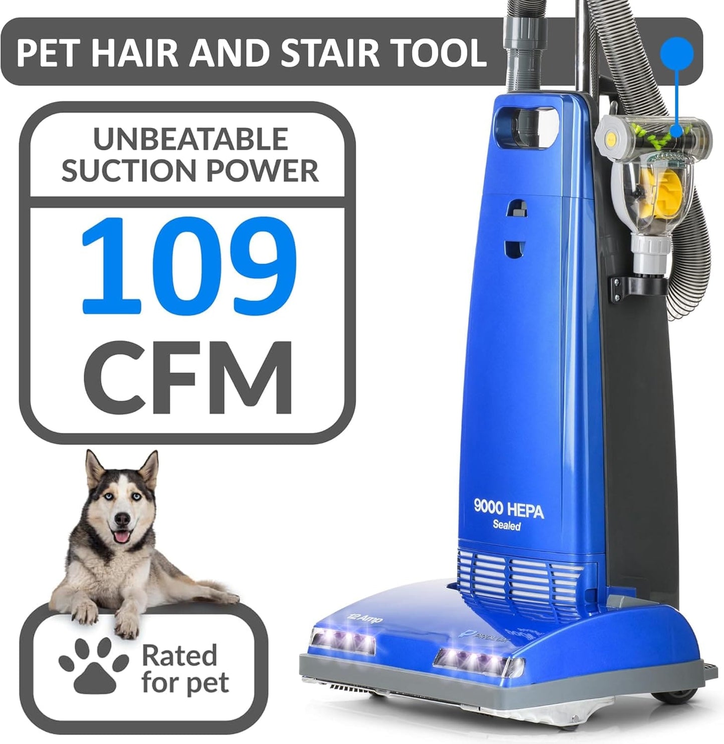 New Prolux 9000 Upright Sealed HEPA vacuum with 12 AMP Motor on board tools and 7 Year Warranty!