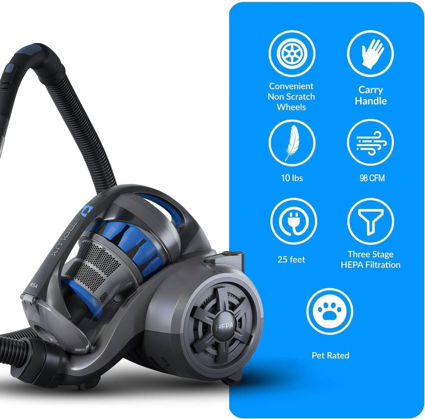 Prolux RS4 Lightweight Bagless Canister Vacuum with HEPA Filtration Premium Button Lock Tools and Automatic Cord Rewind