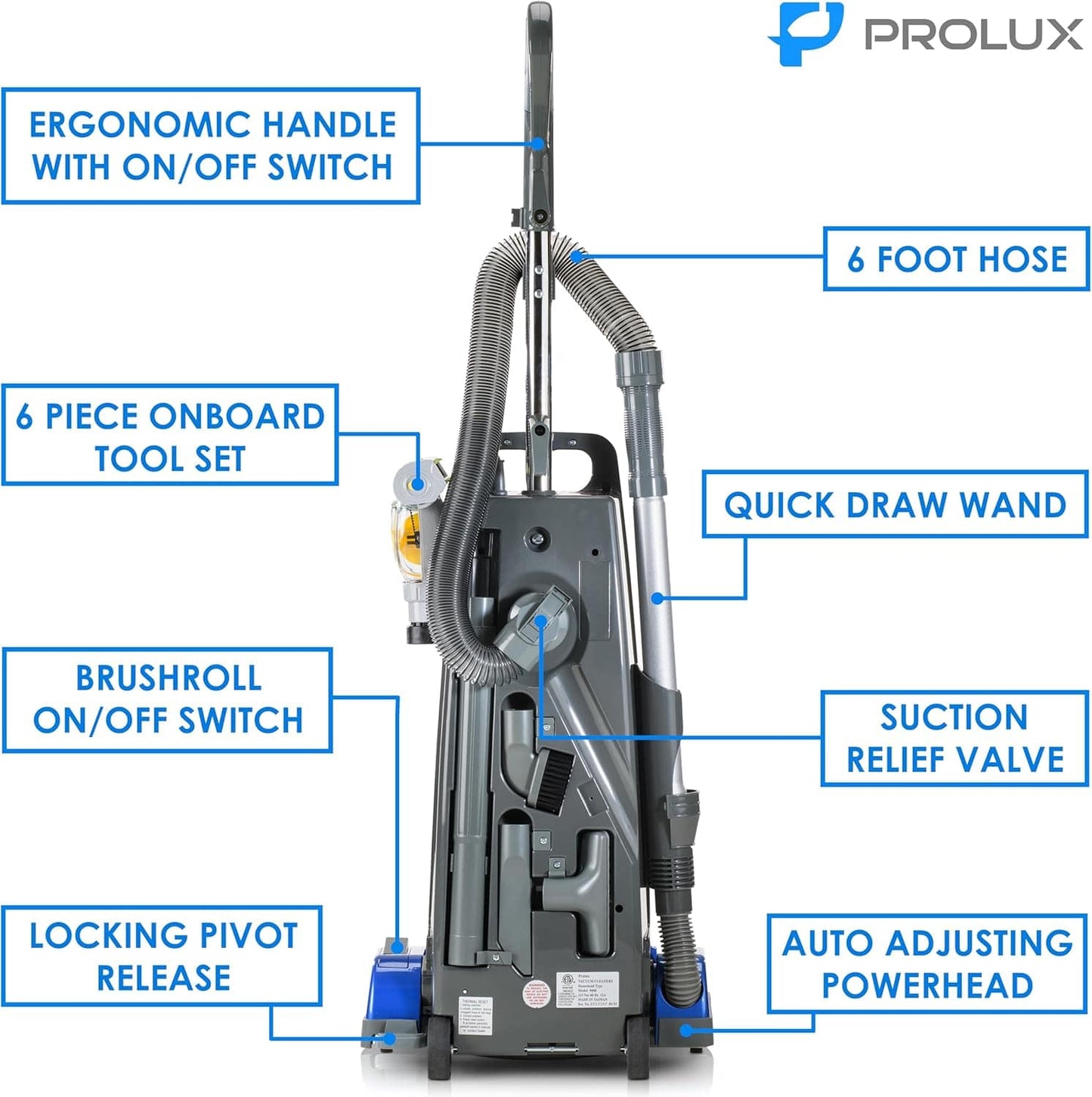 New Prolux 9000 Upright Sealed HEPA vacuum with 12 AMP Motor on board tools and 7 Year Warranty!