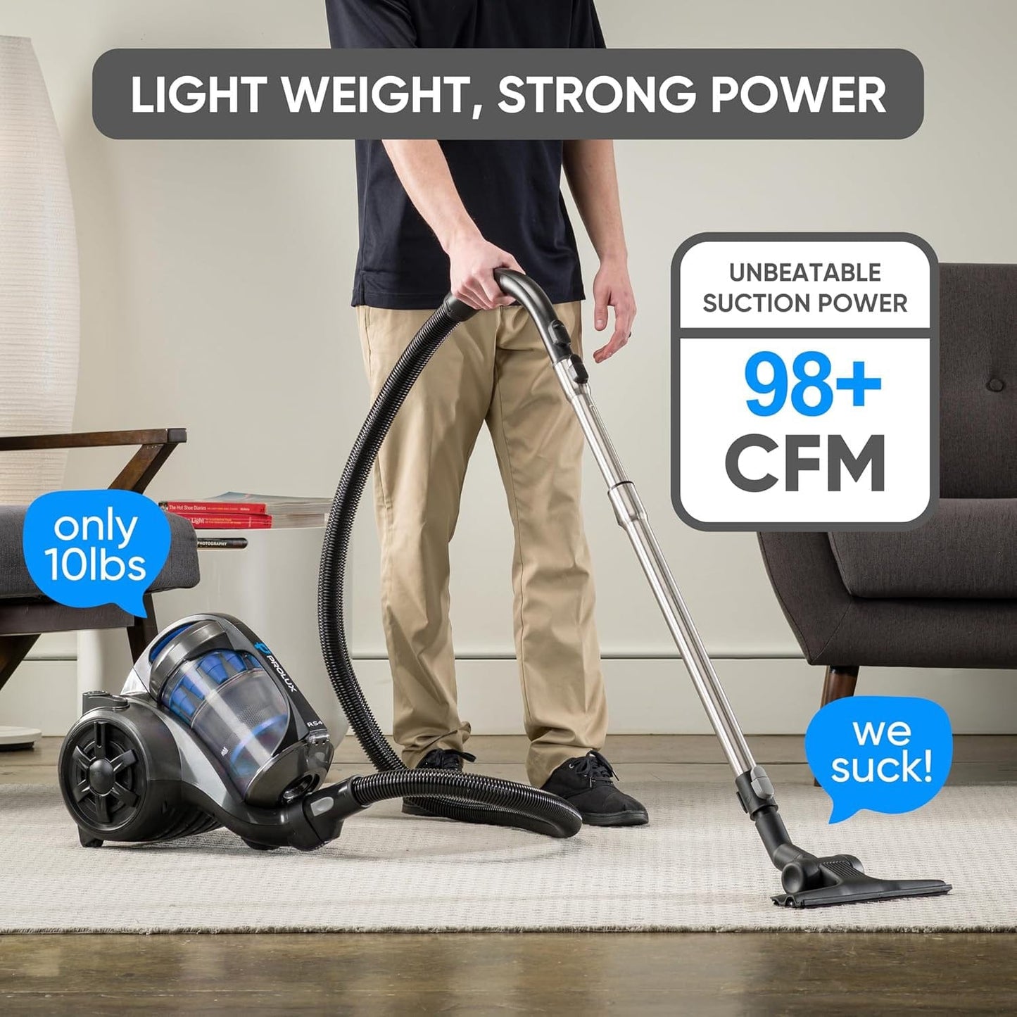Prolux RS4 Lightweight Bagless Canister Vacuum with HEPA Filtration Premium Button Lock Tools and Automatic Cord Rewind