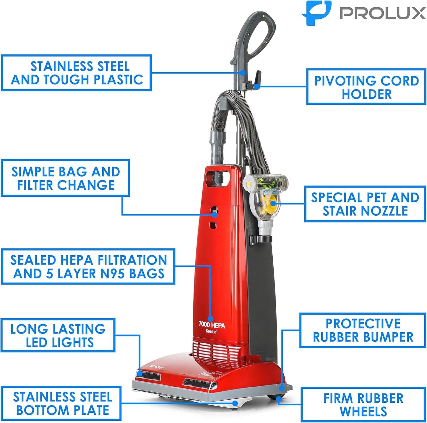 Prolux 7000 Upright Sealed HEPA Vacuum with on board tools and 7 Year Warranty