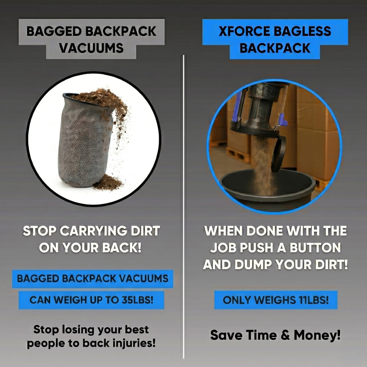 Comparison between bagged backpack vacuums and Xforce bagless backpack vacuum on a gray background.