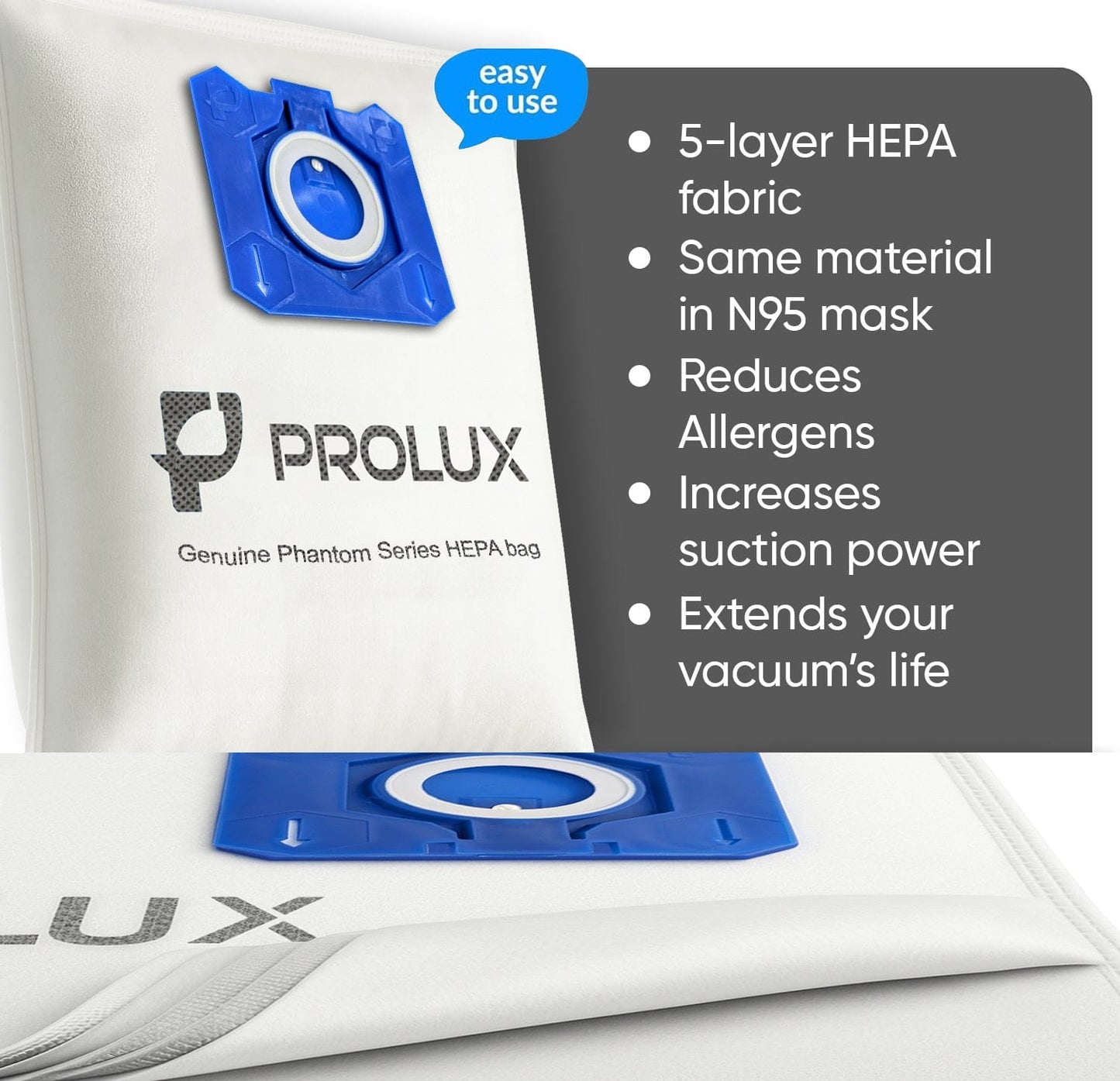 6 Pack of HEPA Bags and 2 Post Filters for the Prolux Phantom Canister Vacuum Cleaner