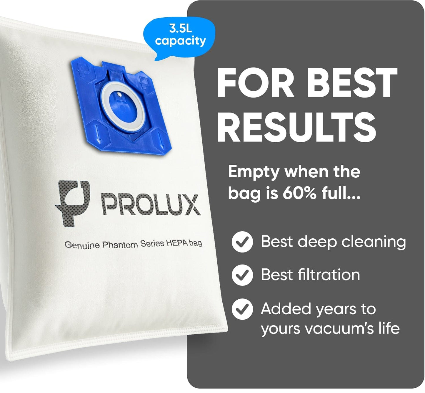 6 Pack of HEPA Bags and 2 Post Filters for the Prolux Phantom Canister Vacuum Cleaner